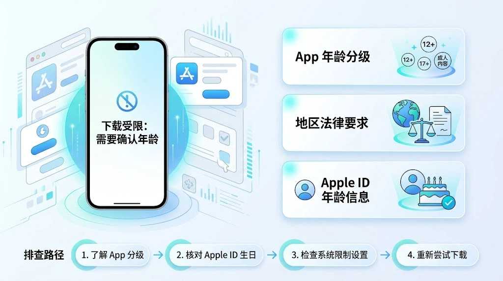 海外App年龄限制提示的常见原因与App Store年龄验证导致用户下载失败的完整排查示意图