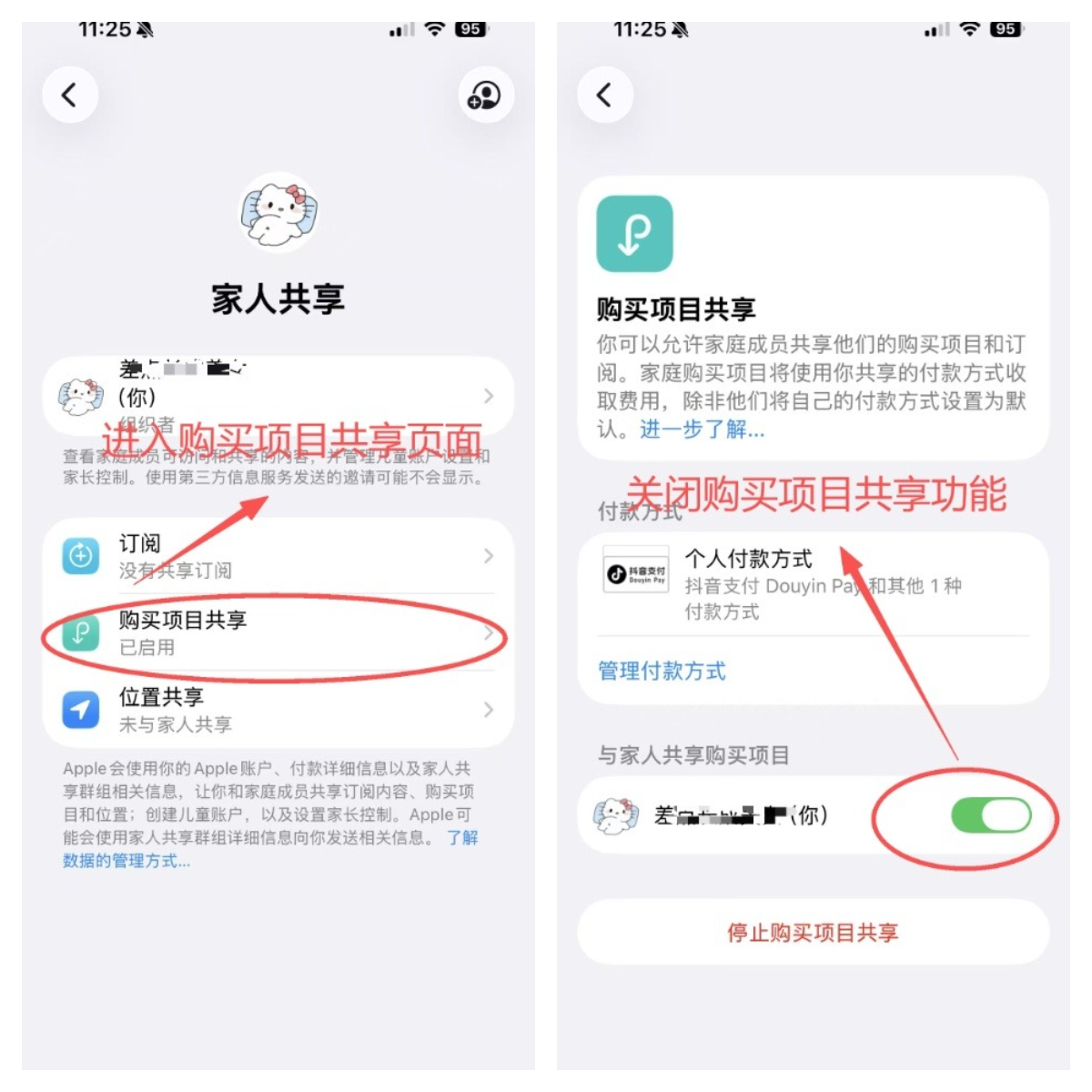 拼图展示:在“家人共享”页面左转入购买项目,右侧红圈关闭开关,适合apple one拼车防误充。