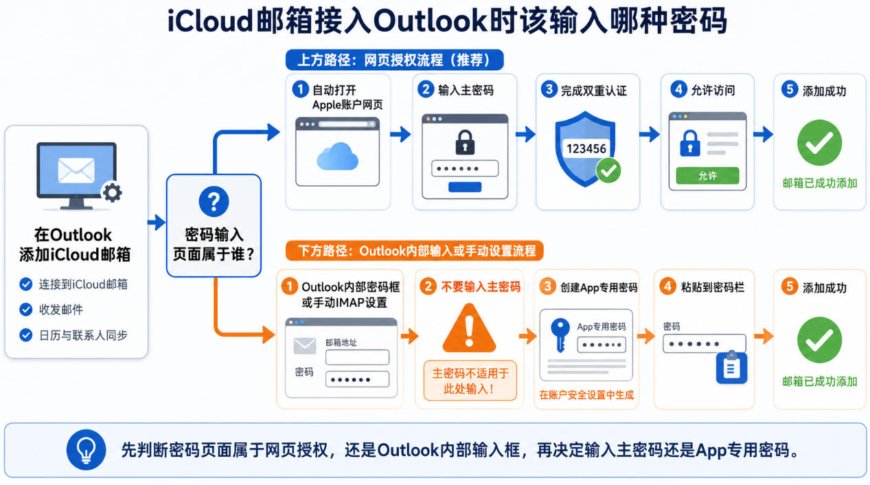  iCloud邮箱Outlook密码错误时判断网页授权与App专用密码的流程图