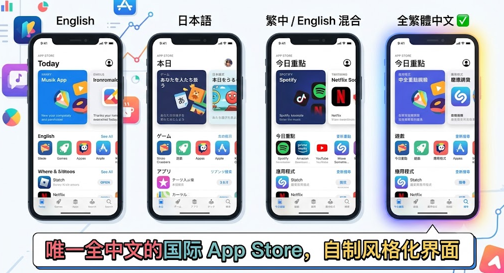 四台 iPhone 并排显示美区、日区、港区、台区 App Store 界面语言对比图。