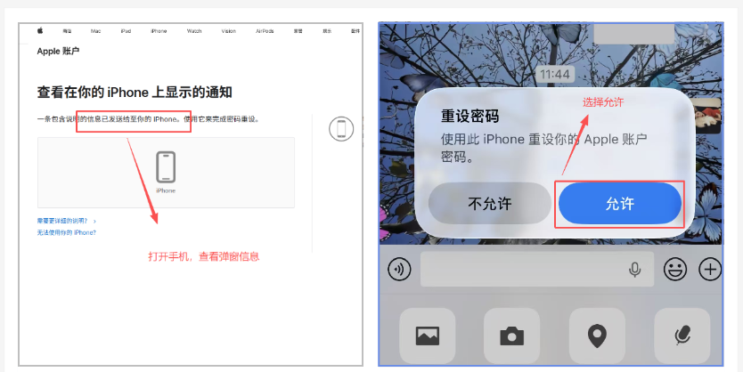 针对“此apple账户已停用”的重设密码流程中,iPhone上出现弹窗,红框指示选择蓝色“允许”按钮。