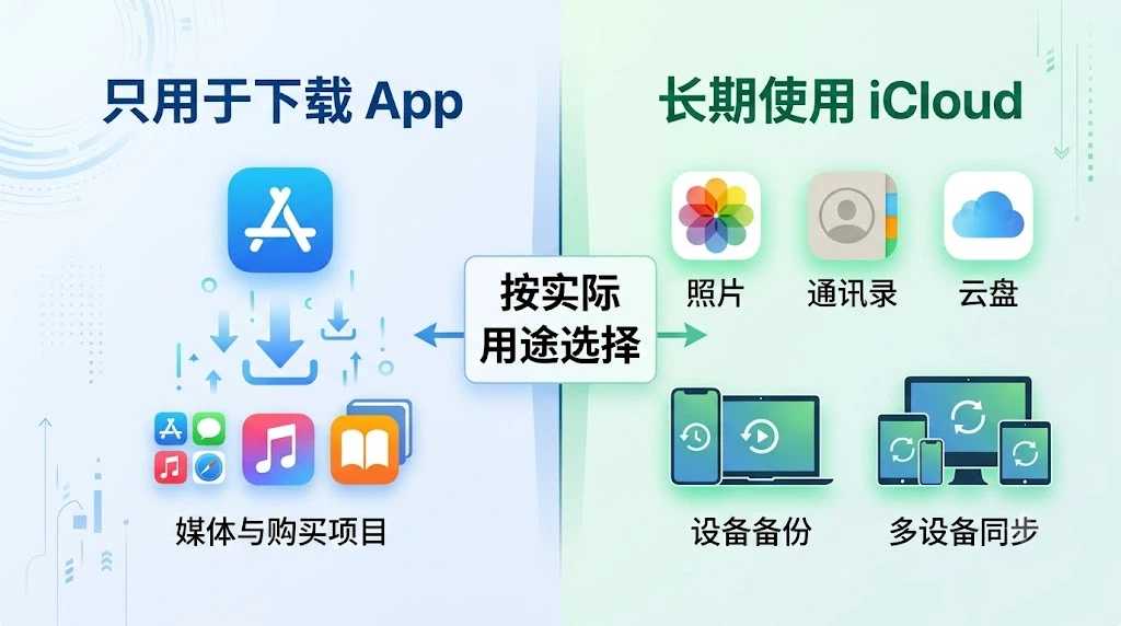 iCloud已激活Apple ID与普通下载账号用途对比，帮助判断苹果ID要不要iCloud功能